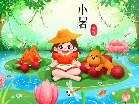 吃瓜小孩插画,童真视角下的趣味世界